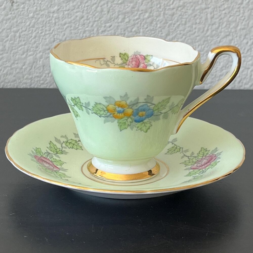 Mint Green Floral Tea Cup & Plate Set // Delphine China England // Floral Design - Picture 2 of 8
